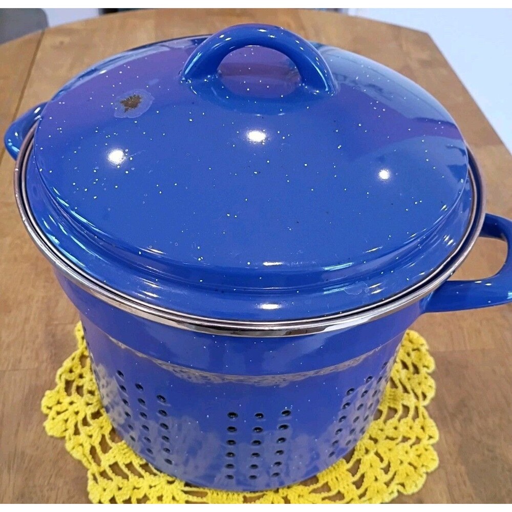 Blue Enamelware Pasta Strainer/Steamer 7.5 Inches Tall, 9.75 Inches Wide, 5 Qts?
